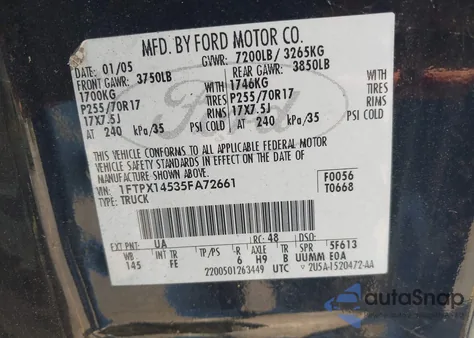 2005 Ford F-150 Fx4/Lariat/Xl/Xlt из США, поврежденный, VIN 1FTPX14535FA72661